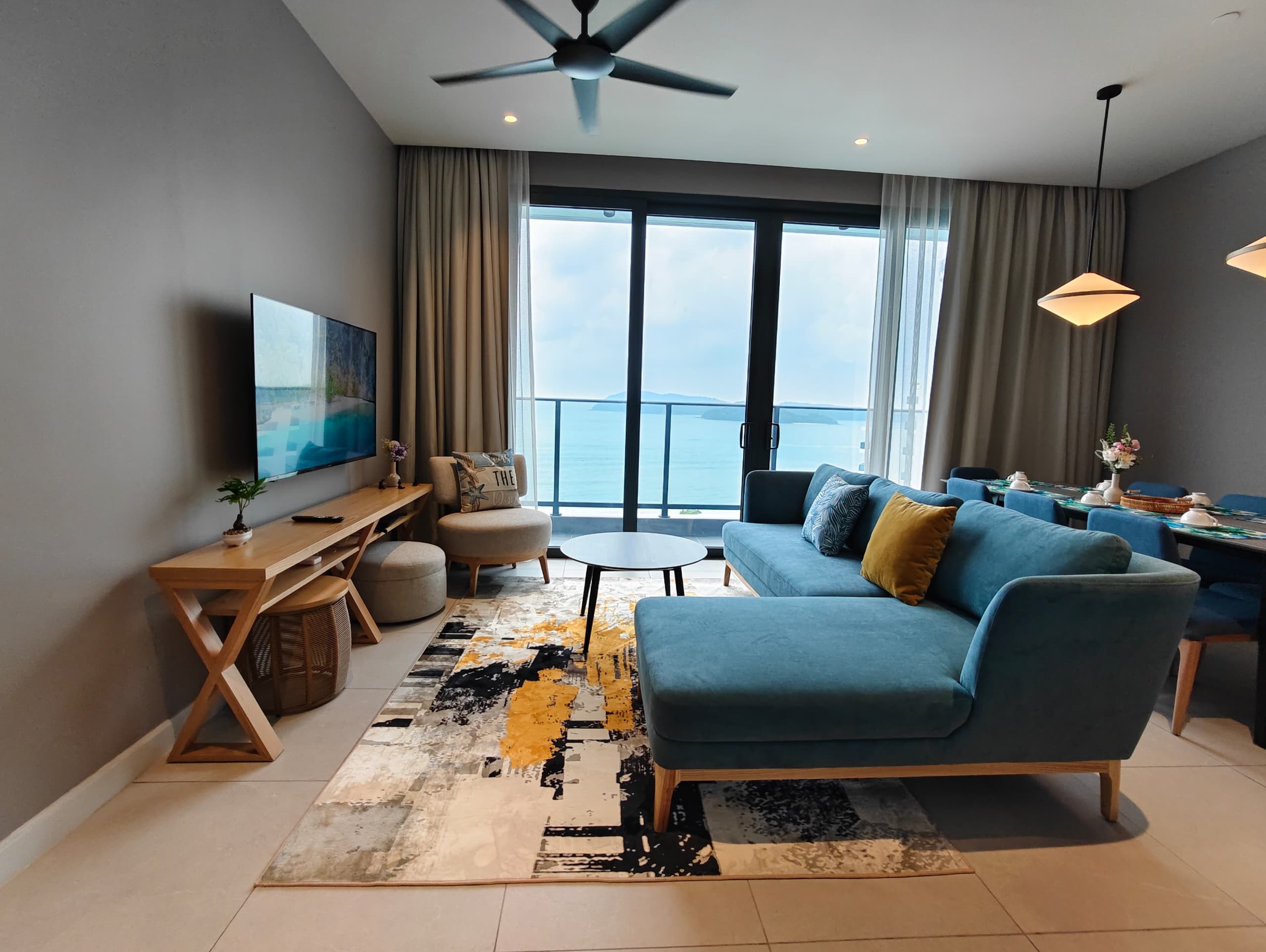 Living room with sunset sea view